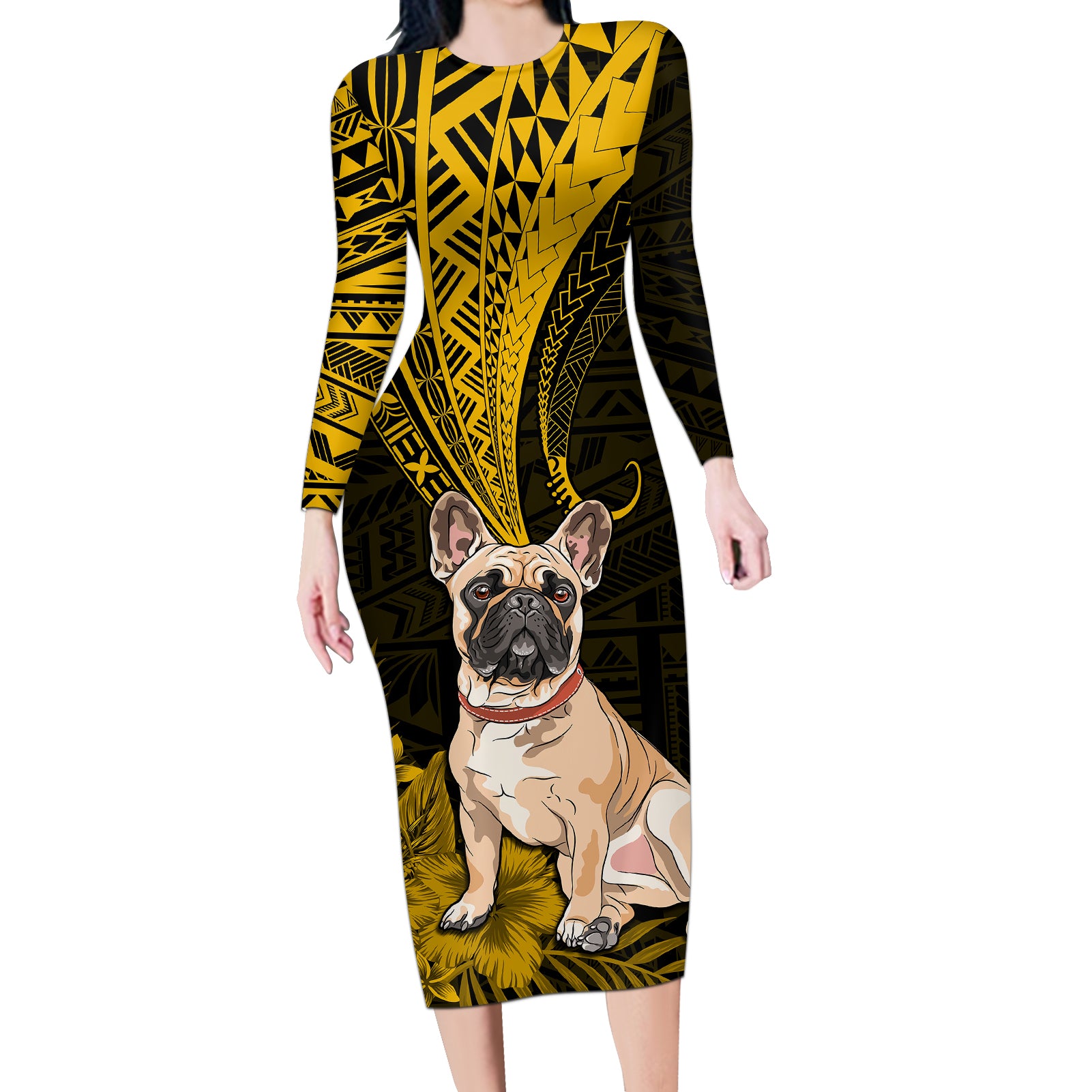 Personalised Polynesian Pacific Bulldog Long Sleeve Bodycon Dress With Gold Hawaii Tribal Tattoo Patterns - Wonder Print Shop