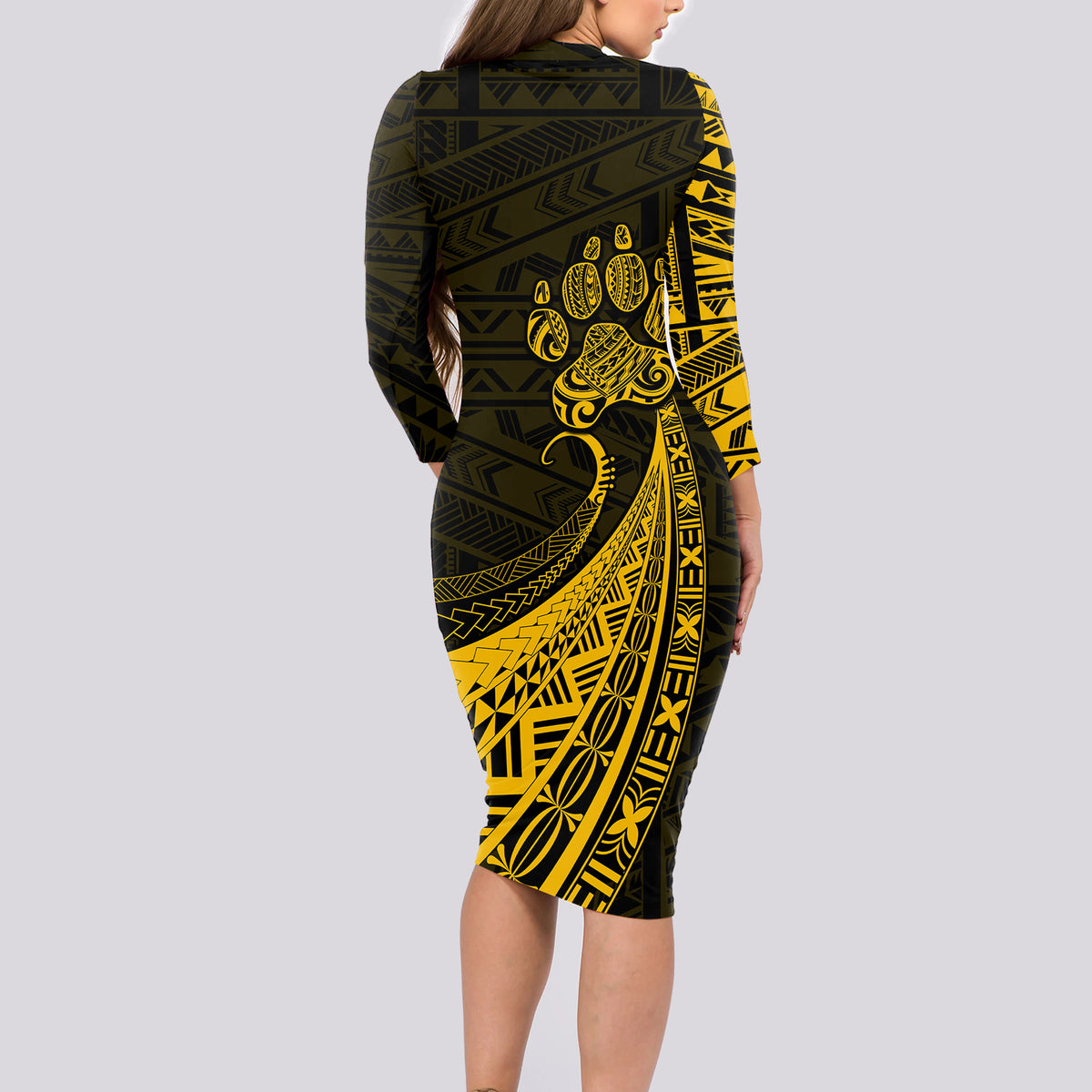 Personalised Polynesian Pacific Bulldog Long Sleeve Bodycon Dress With Gold Hawaii Tribal Tattoo Patterns - Wonder Print Shop
