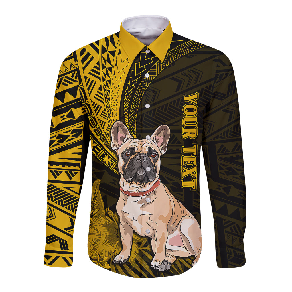 Personalised Polynesian Pacific Bulldog Long Sleeve Button Shirt With Gold Hawaii Tribal Tattoo Patterns - Wonder Print Shop