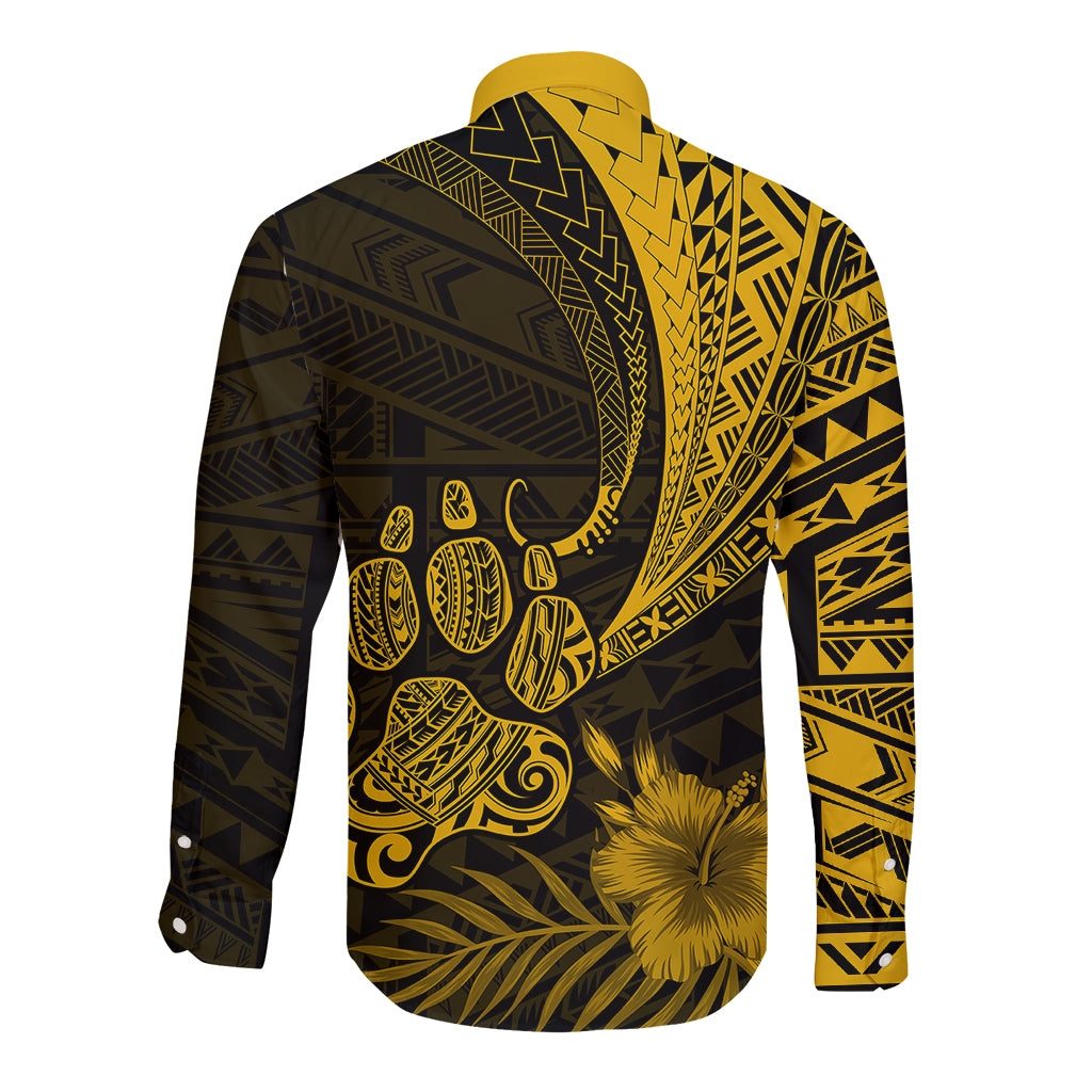 Personalised Polynesian Pacific Bulldog Long Sleeve Button Shirt With Gold Hawaii Tribal Tattoo Patterns - Wonder Print Shop