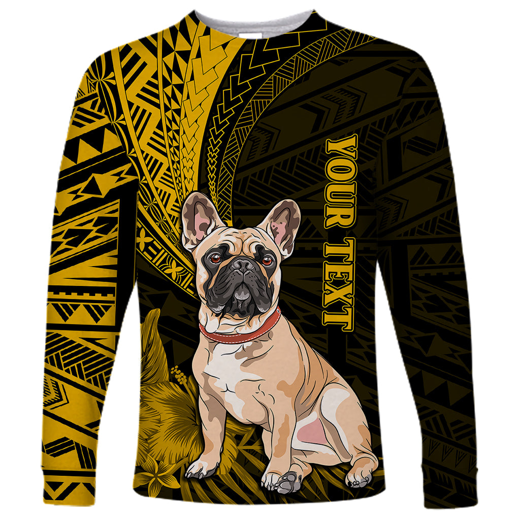 Personalised Polynesian Pacific Bulldog Long Sleeve Shirt With Gold Hawaii Tribal Tattoo Patterns - Wonder Print Shop
