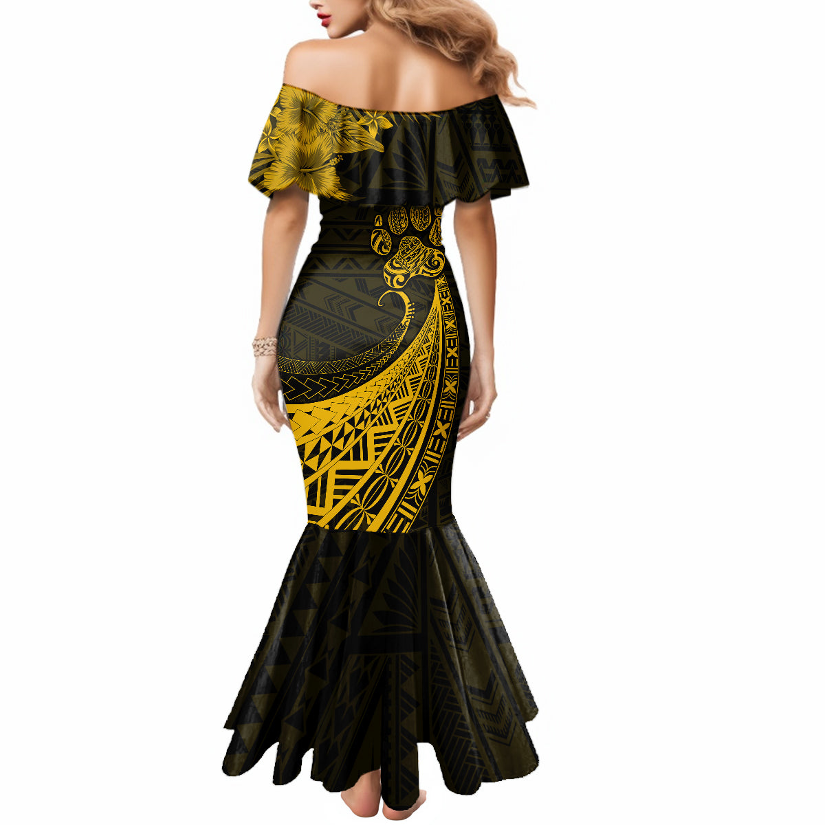 Personalised Polynesian Pacific Bulldog Mermaid Dress With Gold Hawaii Tribal Tattoo Patterns - Wonder Print Shop