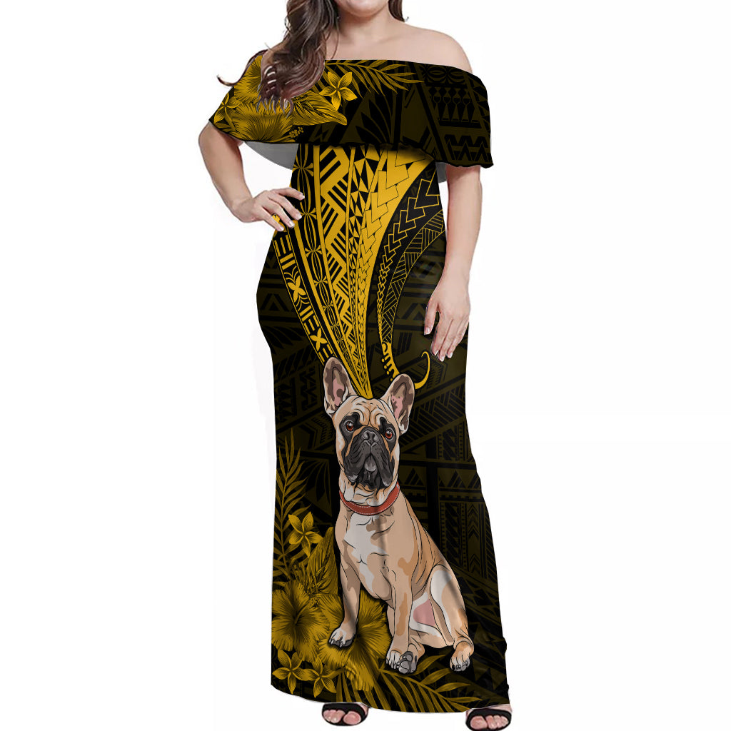 Personalised Polynesian Pacific Bulldog Off Shoulder Maxi Dress With Gold Hawaii Tribal Tattoo Patterns - Wonder Print Shop