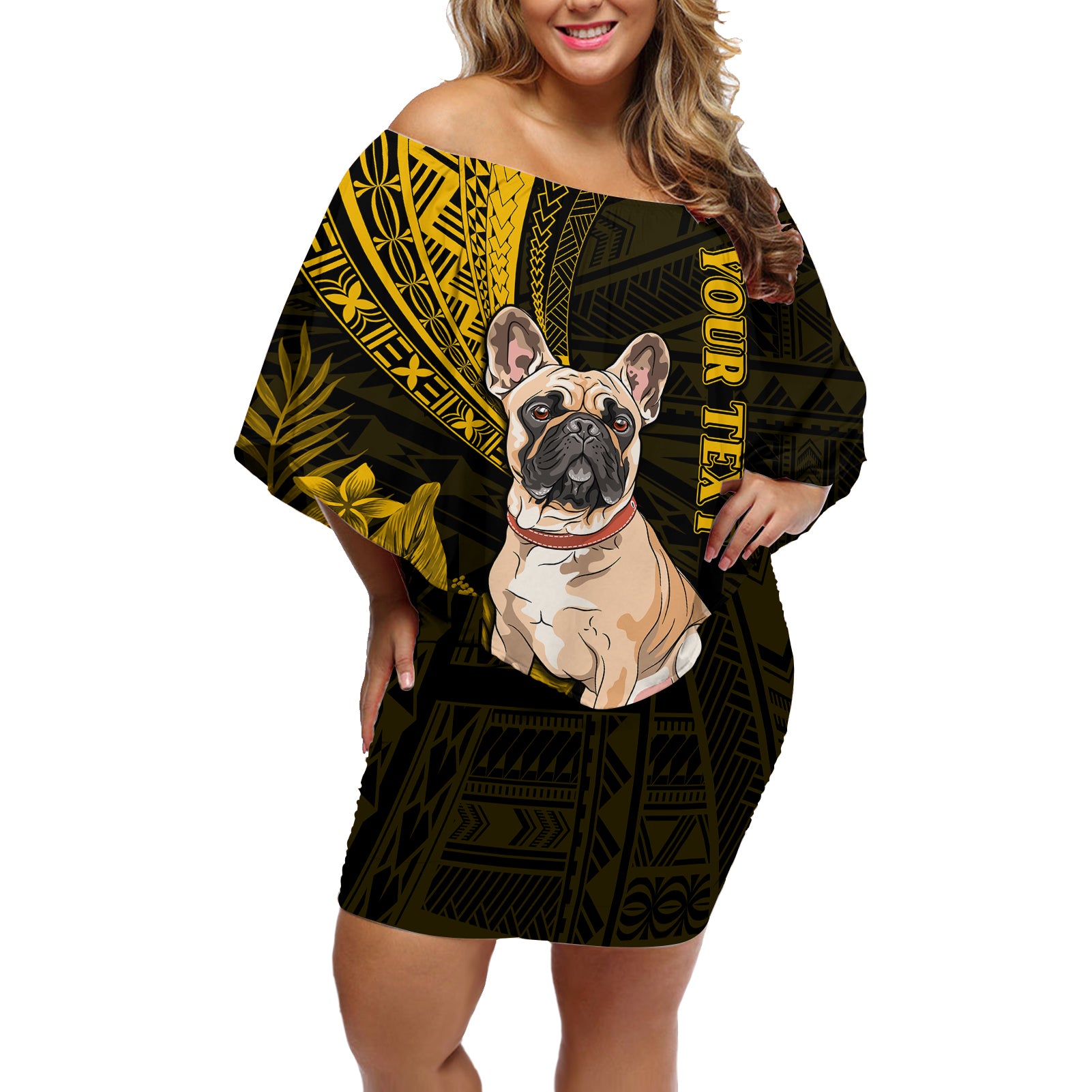 Personalised Polynesian Pacific Bulldog Off Shoulder Short Dress With Gold Hawaii Tribal Tattoo Patterns - Wonder Print Shop
