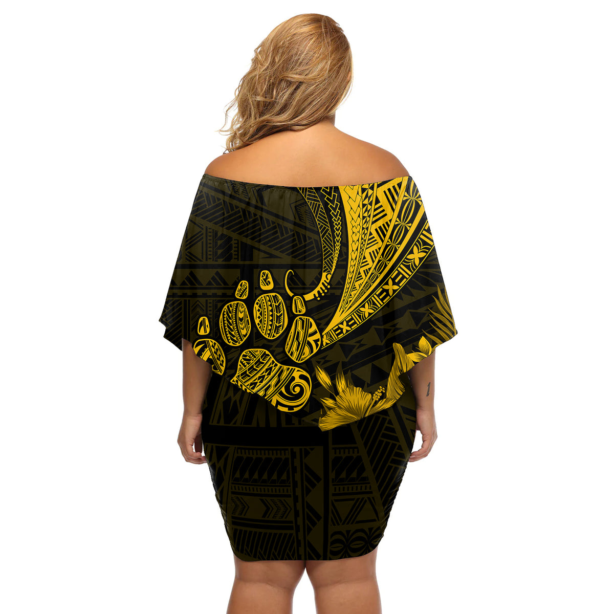 Personalised Polynesian Pacific Bulldog Off Shoulder Short Dress With Gold Hawaii Tribal Tattoo Patterns - Wonder Print Shop