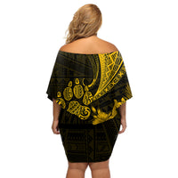 Personalised Polynesian Pacific Bulldog Off Shoulder Short Dress With Gold Hawaii Tribal Tattoo Patterns - Wonder Print Shop