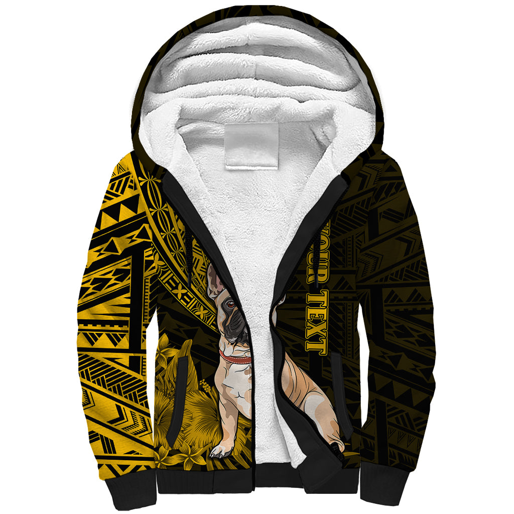 Personalised Polynesian Pacific Bulldog Sherpa Hoodie With Gold Hawaii Tribal Tattoo Patterns - Wonder Print Shop