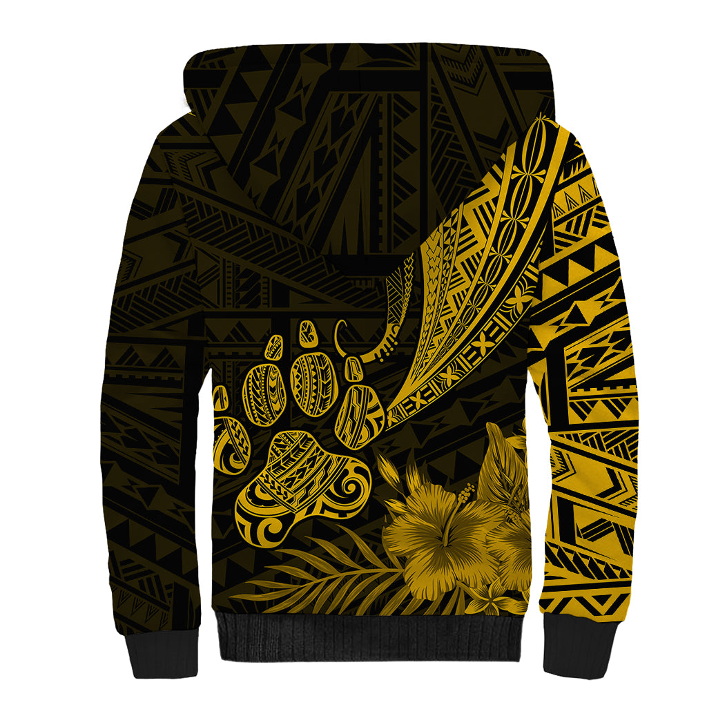 Personalised Polynesian Pacific Bulldog Sherpa Hoodie With Gold Hawaii Tribal Tattoo Patterns - Wonder Print Shop