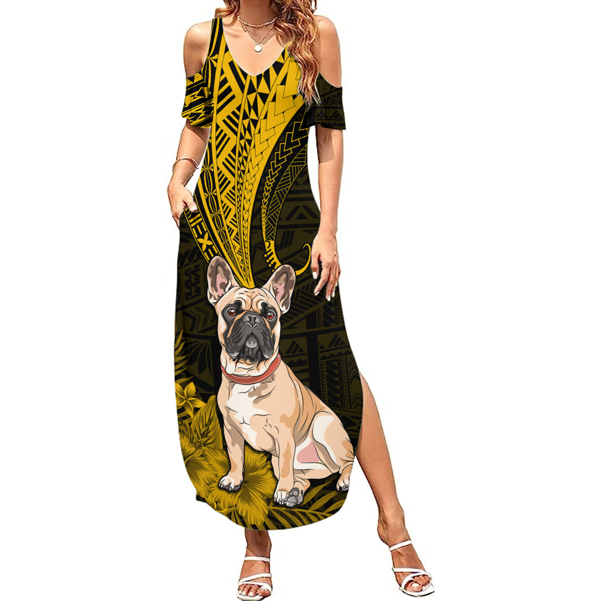 Personalised Polynesian Pacific Bulldog Summer Maxi Dress With Gold Hawaii Tribal Tattoo Patterns - Wonder Print Shop