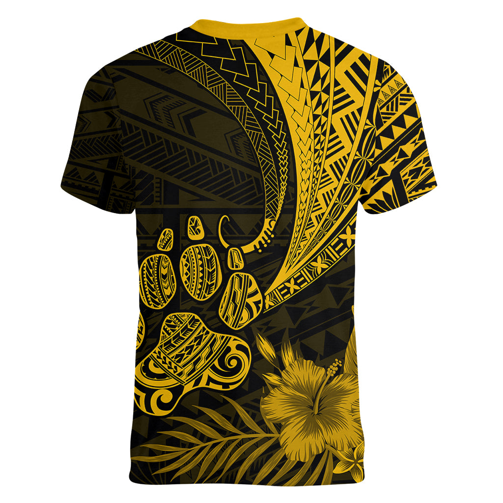 Personalised Polynesian Pacific Bulldog Women V Neck T Shirt With Gold Hawaii Tribal Tattoo Patterns - Wonder Print Shop