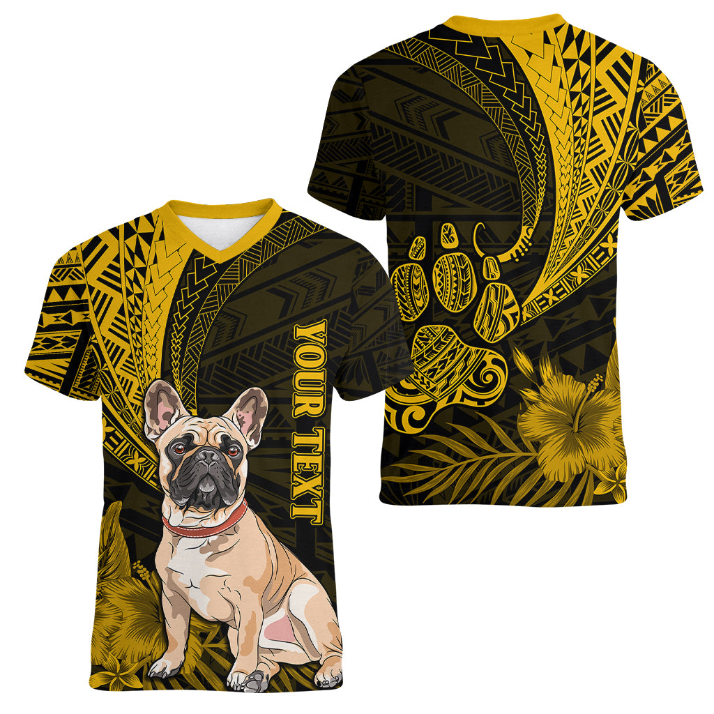 Personalised Polynesian Pacific Bulldog Women V Neck T Shirt With Gold Hawaii Tribal Tattoo Patterns - Wonder Print Shop