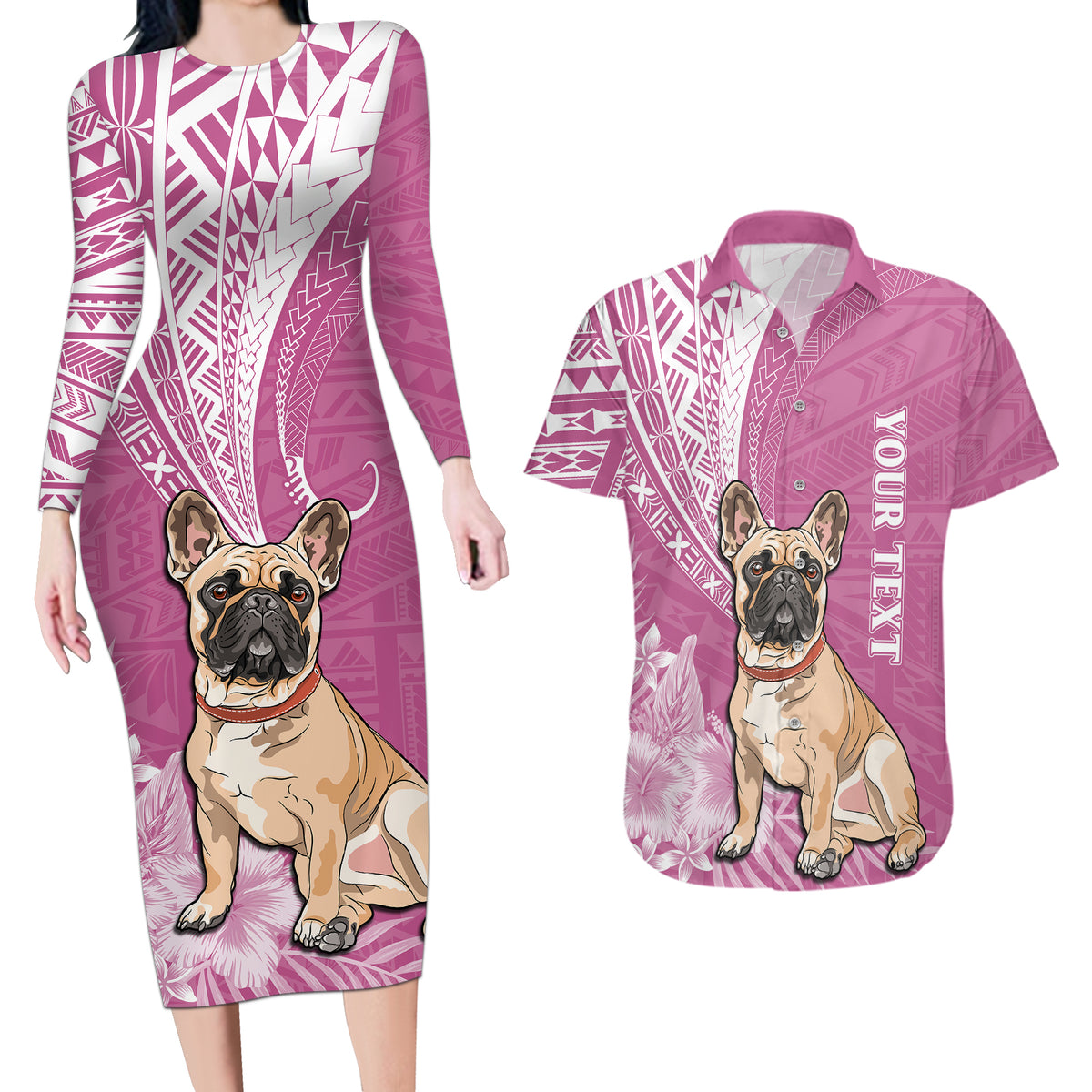 Personalised Polynesian Pacific Bulldog Couples Matching Long Sleeve Bodycon Dress and Hawaiian Shirt With Pink Hawaii Tribal Tattoo Patterns LT7 - Wonder Print Shop