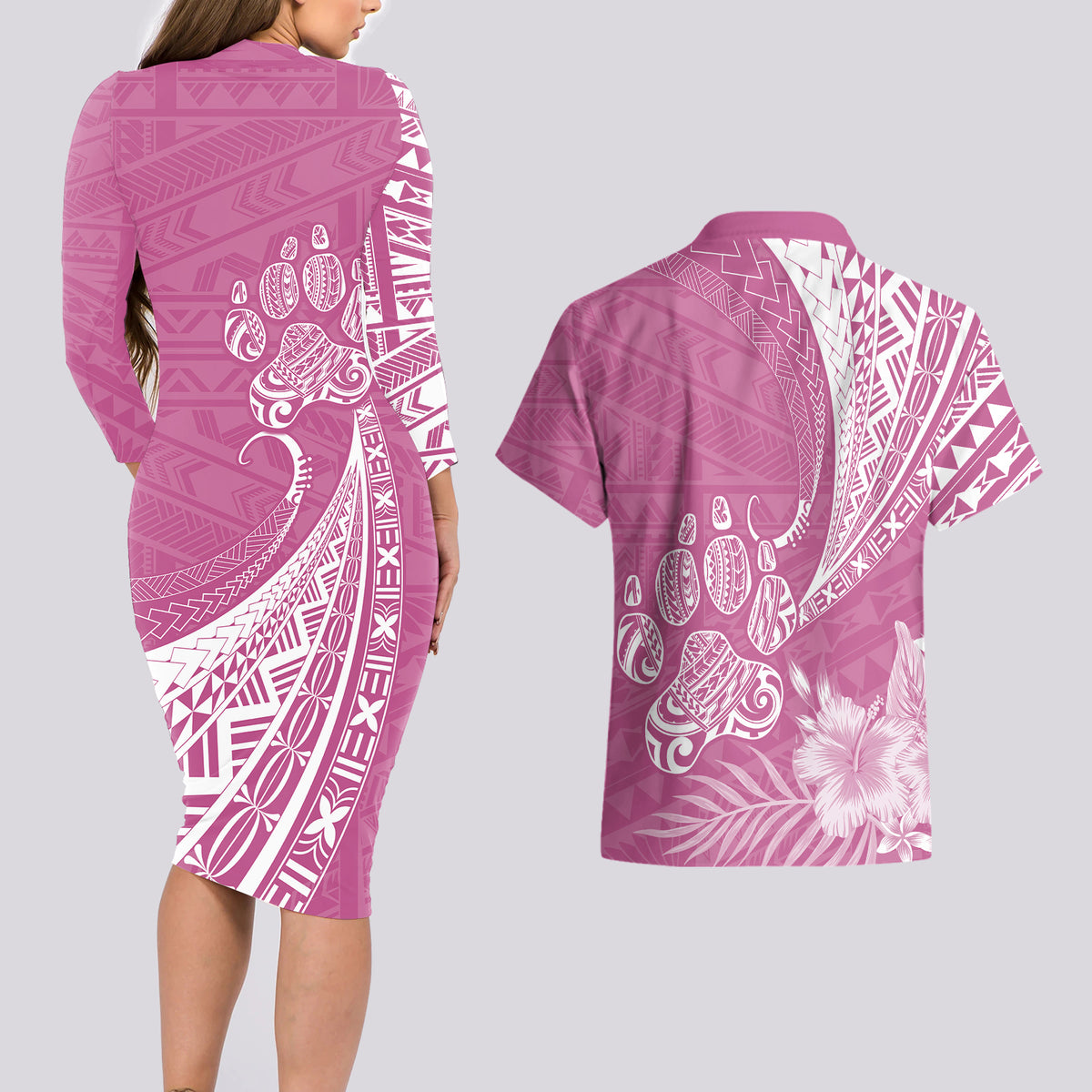 Personalised Polynesian Pacific Bulldog Couples Matching Long Sleeve Bodycon Dress and Hawaiian Shirt With Pink Hawaii Tribal Tattoo Patterns LT7 - Wonder Print Shop