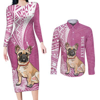 Personalised Polynesian Pacific Bulldog Couples Matching Long Sleeve Bodycon Dress and Long Sleeve Button Shirts With Pink Hawaii Tribal Tattoo Patterns LT7 - Wonder Print Shop