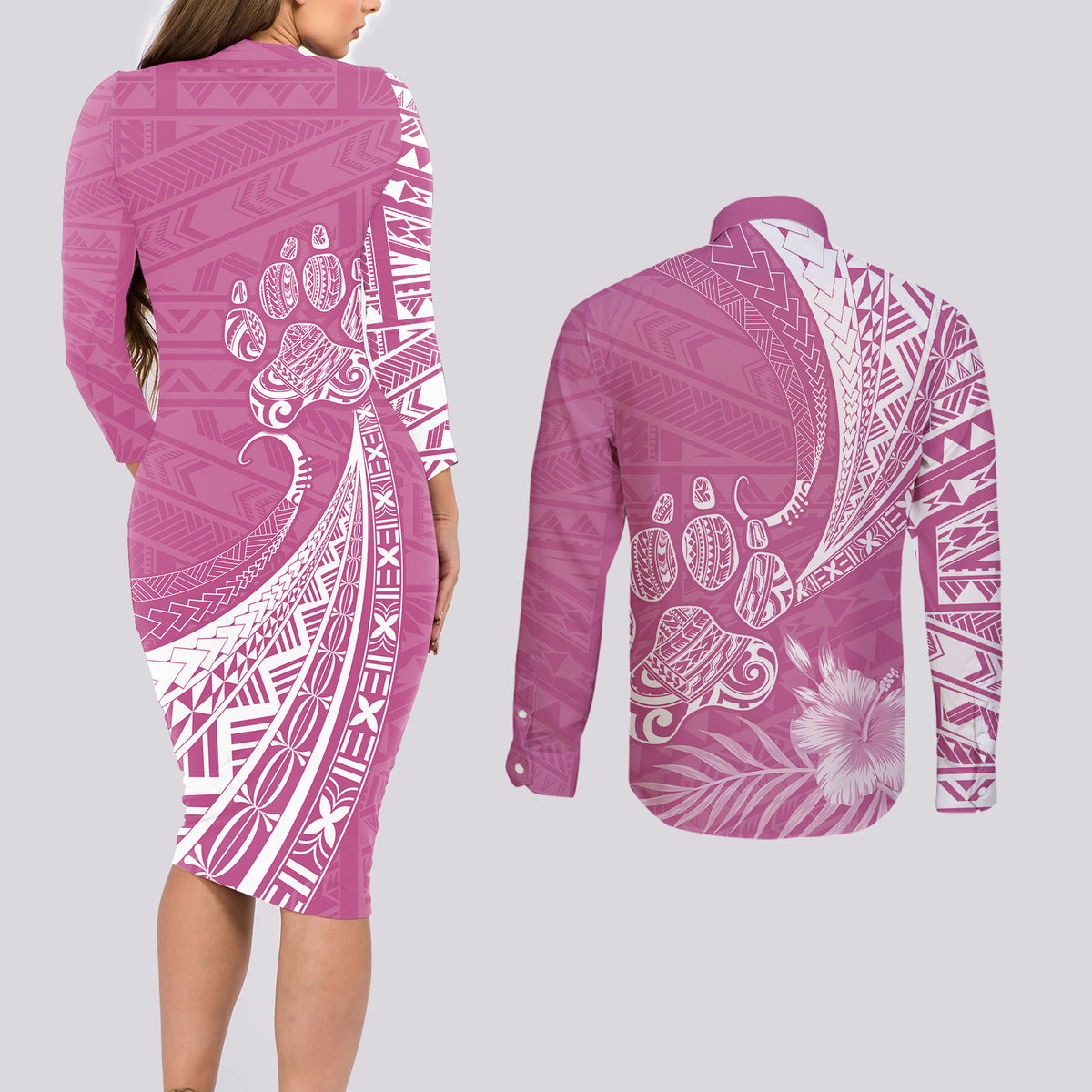 Personalised Polynesian Pacific Bulldog Couples Matching Long Sleeve Bodycon Dress and Long Sleeve Button Shirts With Pink Hawaii Tribal Tattoo Patterns LT7 - Wonder Print Shop