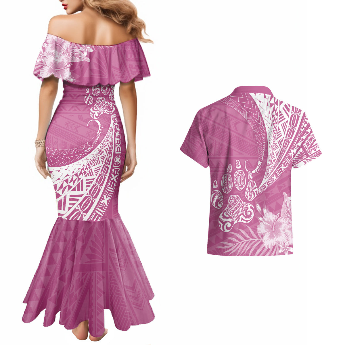 Personalised Polynesian Pacific Bulldog Couples Matching Mermaid Dress And Hawaiian Shirt With Pink Hawaii Tribal Tattoo Patterns LT7 - Wonder Print Shop