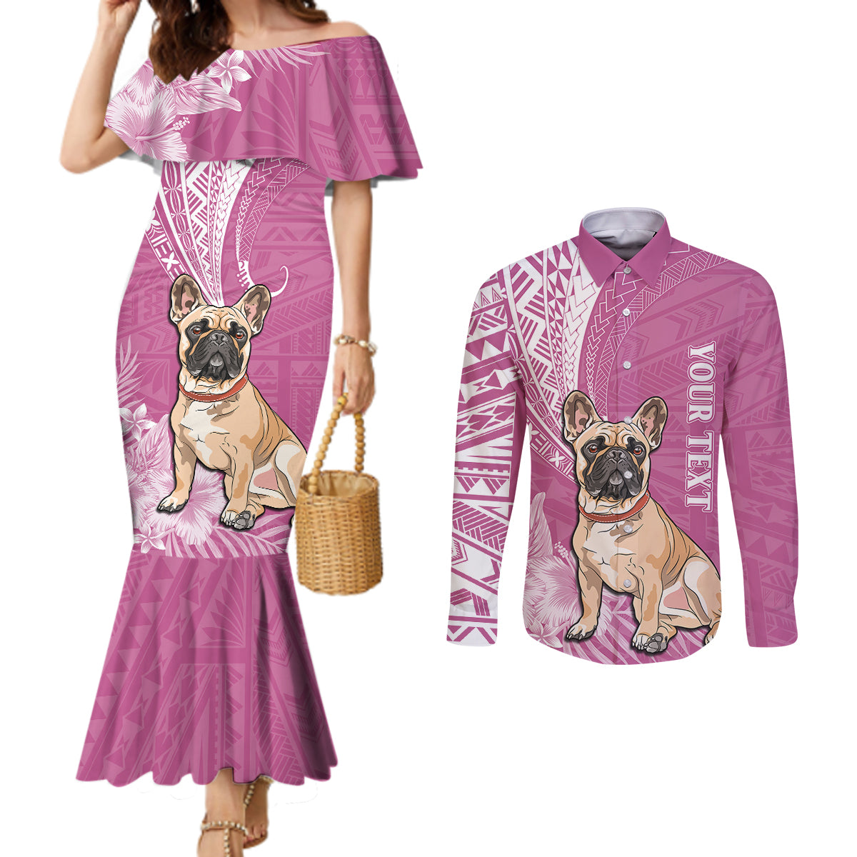 personalised-polynesian-pacific-bulldog-couples-matching-mermaid-dress-and-long-sleeve-button-shirts-with-pink-hawaii-tribal-tattoo-patterns