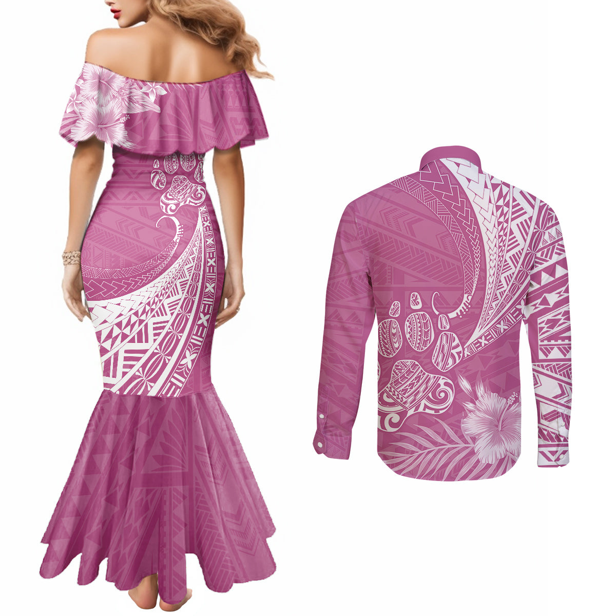 personalised-polynesian-pacific-bulldog-couples-matching-mermaid-dress-and-long-sleeve-button-shirts-with-pink-hawaii-tribal-tattoo-patterns