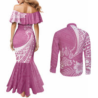 personalised-polynesian-pacific-bulldog-couples-matching-mermaid-dress-and-long-sleeve-button-shirts-with-pink-hawaii-tribal-tattoo-patterns