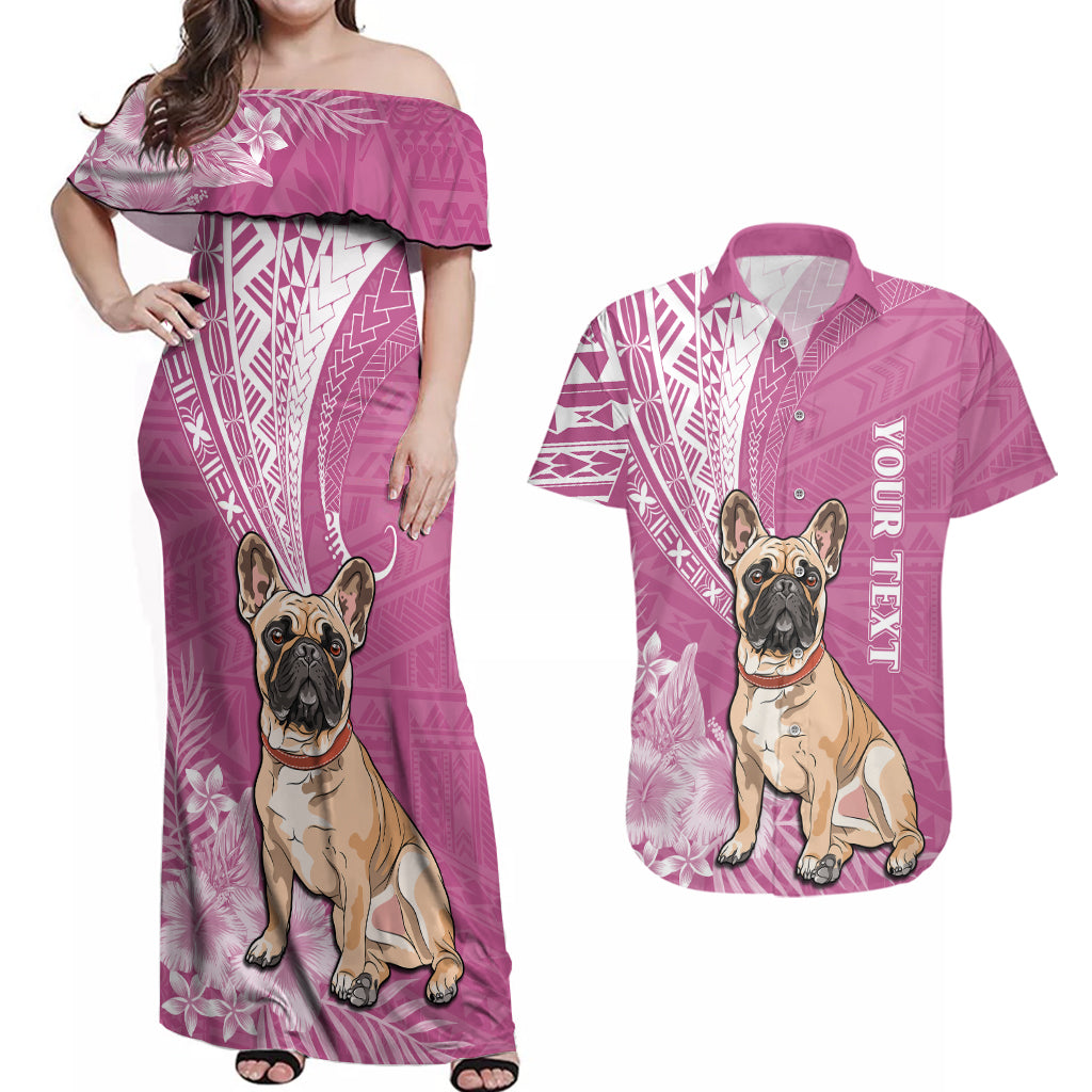 Personalised Polynesian Pacific Bulldog Couples Matching Off Shoulder Maxi Dress and Hawaiian Shirt With Pink Hawaii Tribal Tattoo Patterns LT7 - Wonder Print Shop