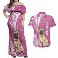 Personalised Polynesian Pacific Bulldog Couples Matching Off Shoulder Maxi Dress and Hawaiian Shirt With Pink Hawaii Tribal Tattoo Patterns LT7 - Wonder Print Shop