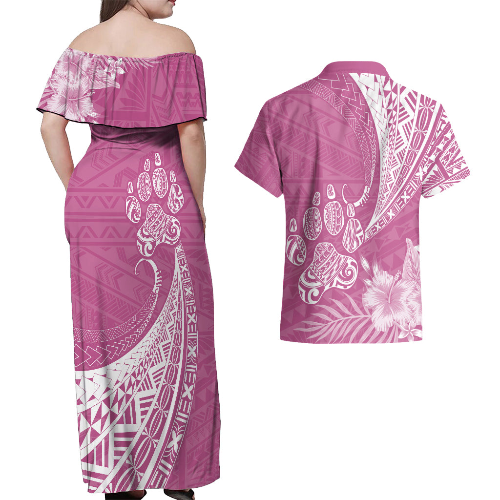 Personalised Polynesian Pacific Bulldog Couples Matching Off Shoulder Maxi Dress and Hawaiian Shirt With Pink Hawaii Tribal Tattoo Patterns LT7 - Wonder Print Shop