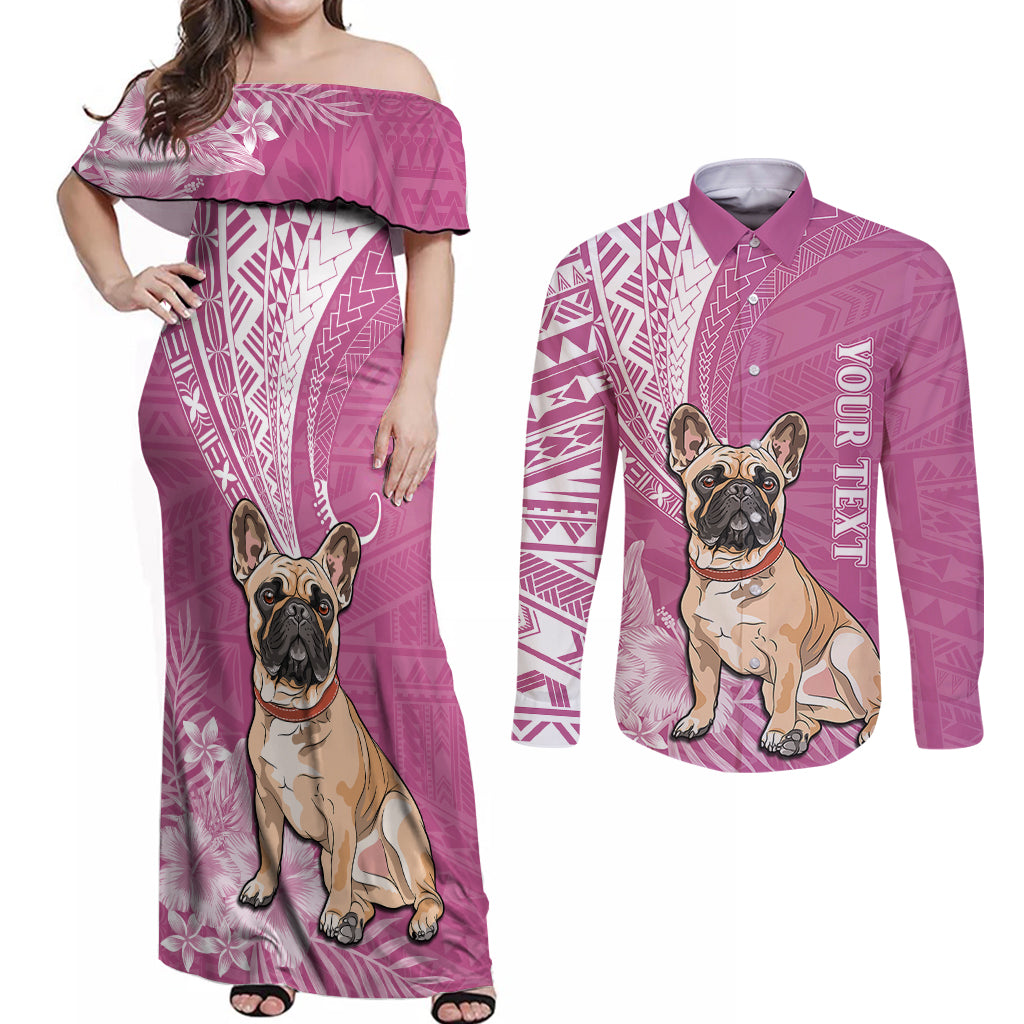 Personalised Polynesian Pacific Bulldog Couples Matching Off Shoulder Maxi Dress and Long Sleeve Button Shirts With Pink Hawaii Tribal Tattoo Patterns LT7 - Wonder Print Shop
