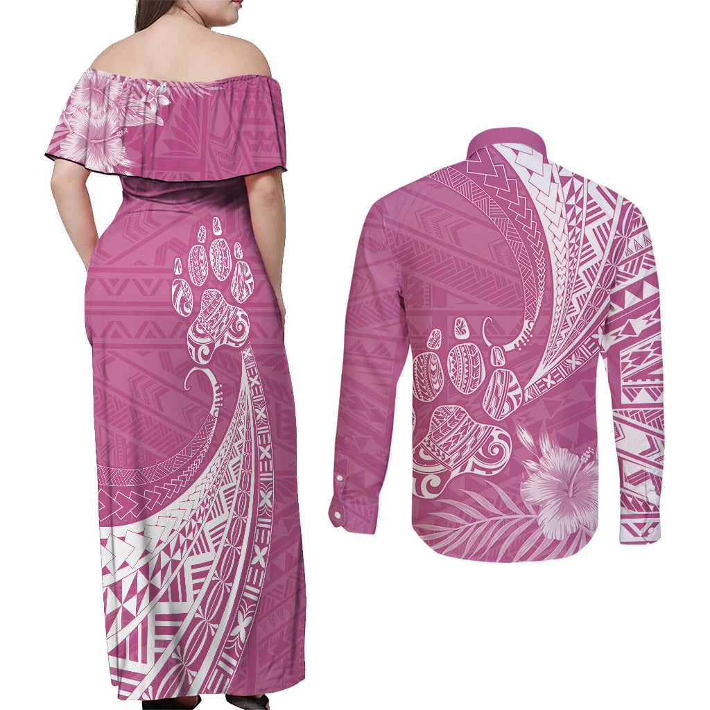 Personalised Polynesian Pacific Bulldog Couples Matching Off Shoulder Maxi Dress and Long Sleeve Button Shirts With Pink Hawaii Tribal Tattoo Patterns LT7 - Wonder Print Shop