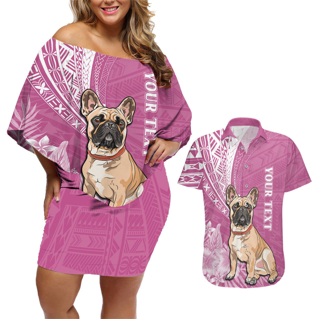 Personalised Polynesian Pacific Bulldog Couples Matching Off Shoulder Short Dress and Hawaiian Shirt With Pink Hawaii Tribal Tattoo Patterns LT7 - Wonder Print Shop