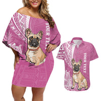 Personalised Polynesian Pacific Bulldog Couples Matching Off Shoulder Short Dress and Hawaiian Shirt With Pink Hawaii Tribal Tattoo Patterns LT7 - Wonder Print Shop