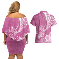 Personalised Polynesian Pacific Bulldog Couples Matching Off Shoulder Short Dress and Hawaiian Shirt With Pink Hawaii Tribal Tattoo Patterns LT7 - Wonder Print Shop