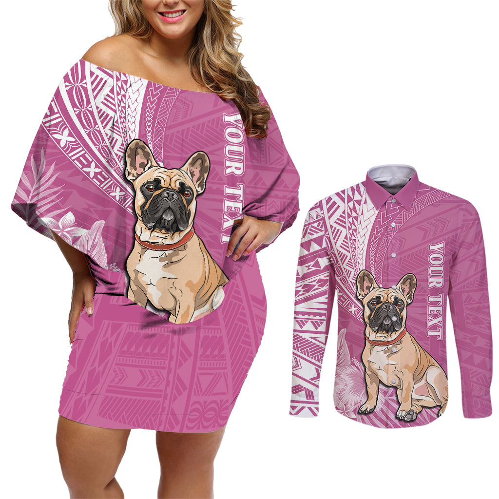 Personalised Polynesian Pacific Bulldog Couples Matching Off Shoulder Short Dress and Long Sleeve Button Shirts With Pink Hawaii Tribal Tattoo Patterns LT7 - Wonder Print Shop