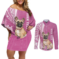 Personalised Polynesian Pacific Bulldog Couples Matching Off Shoulder Short Dress and Long Sleeve Button Shirts With Pink Hawaii Tribal Tattoo Patterns LT7 - Wonder Print Shop