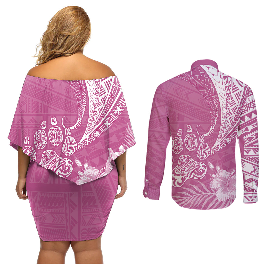 Personalised Polynesian Pacific Bulldog Couples Matching Off Shoulder Short Dress and Long Sleeve Button Shirts With Pink Hawaii Tribal Tattoo Patterns LT7 - Wonder Print Shop
