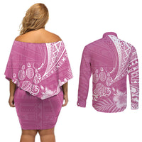 Personalised Polynesian Pacific Bulldog Couples Matching Off Shoulder Short Dress and Long Sleeve Button Shirts With Pink Hawaii Tribal Tattoo Patterns LT7 - Wonder Print Shop