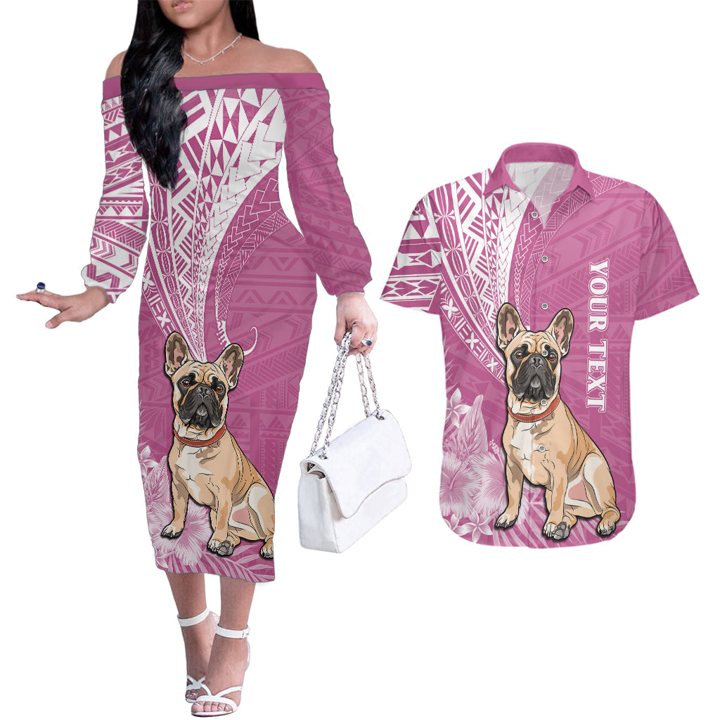 Personalised Polynesian Pacific Bulldog Couples Matching Off The Shoulder Long Sleeve Dress and Hawaiian Shirt With Pink Hawaii Tribal Tattoo Patterns LT7 - Wonder Print Shop