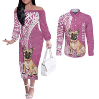 personalised-polynesian-pacific-bulldog-couples-matching-off-the-shoulder-long-sleeve-dress-and-long-sleeve-button-shirts-with-pink-hawaii-tribal-tattoo-patterns