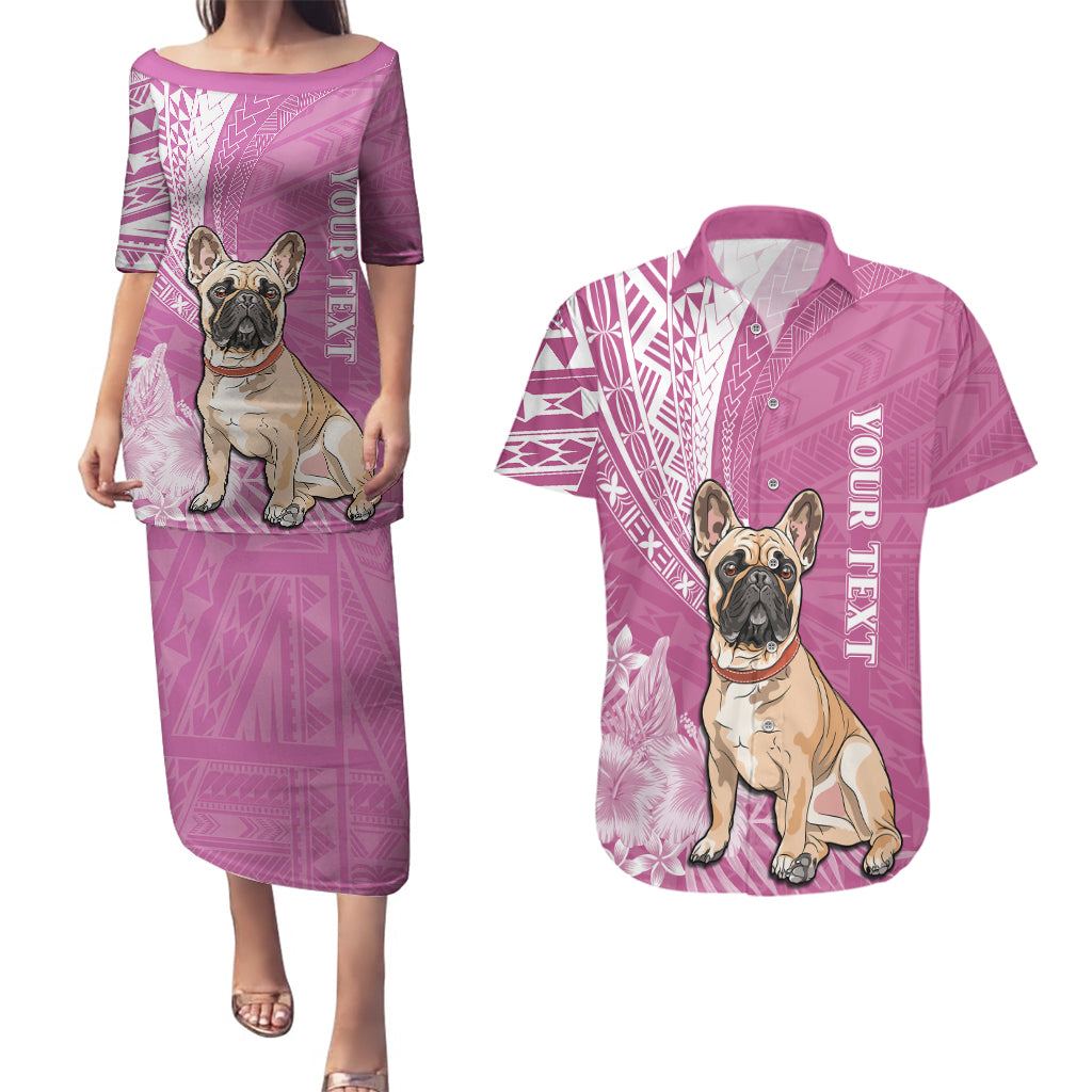 Personalised Polynesian Pacific Bulldog Couples Matching Puletasi Dress and Hawaiian Shirt With Pink Hawaii Tribal Tattoo Patterns LT7 - Wonder Print Shop