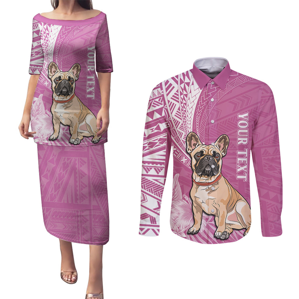 Personalised Polynesian Pacific Bulldog Couples Matching Puletasi Dress and Long Sleeve Button Shirts With Pink Hawaii Tribal Tattoo Patterns LT7 - Wonder Print Shop