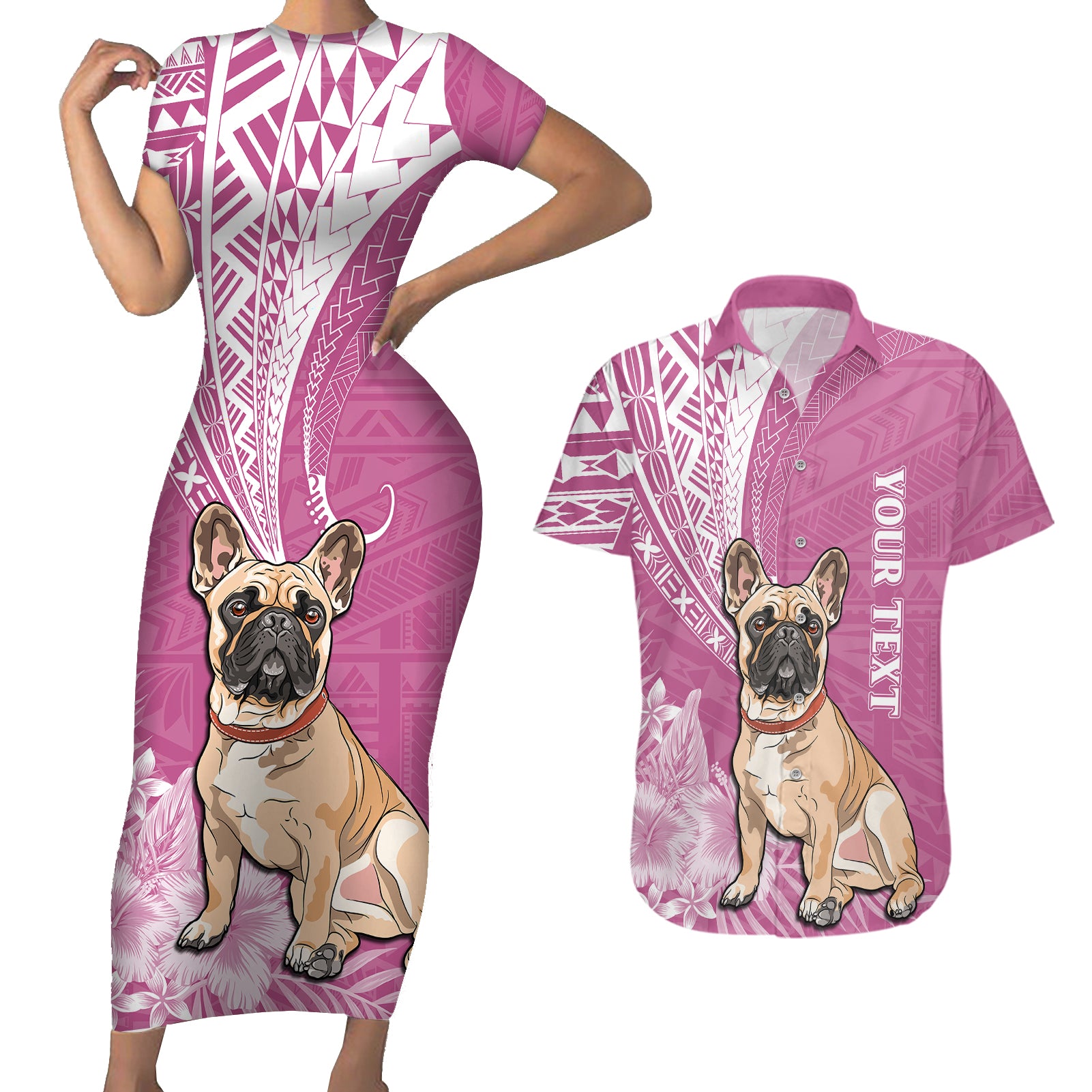 Personalised Polynesian Pacific Bulldog Couples Matching Short Sleeve Bodycon Dress and Hawaiian Shirt With Pink Hawaii Tribal Tattoo Patterns LT7 - Wonder Print Shop