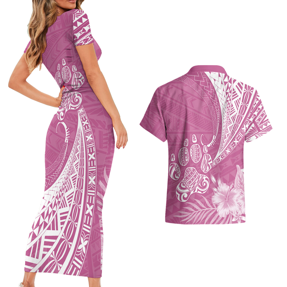 Personalised Polynesian Pacific Bulldog Couples Matching Short Sleeve Bodycon Dress and Hawaiian Shirt With Pink Hawaii Tribal Tattoo Patterns LT7 - Wonder Print Shop