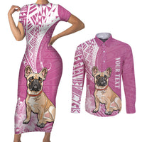 Personalised Polynesian Pacific Bulldog Couples Matching Short Sleeve Bodycon Dress and Long Sleeve Button Shirts With Pink Hawaii Tribal Tattoo Patterns LT7 - Wonder Print Shop
