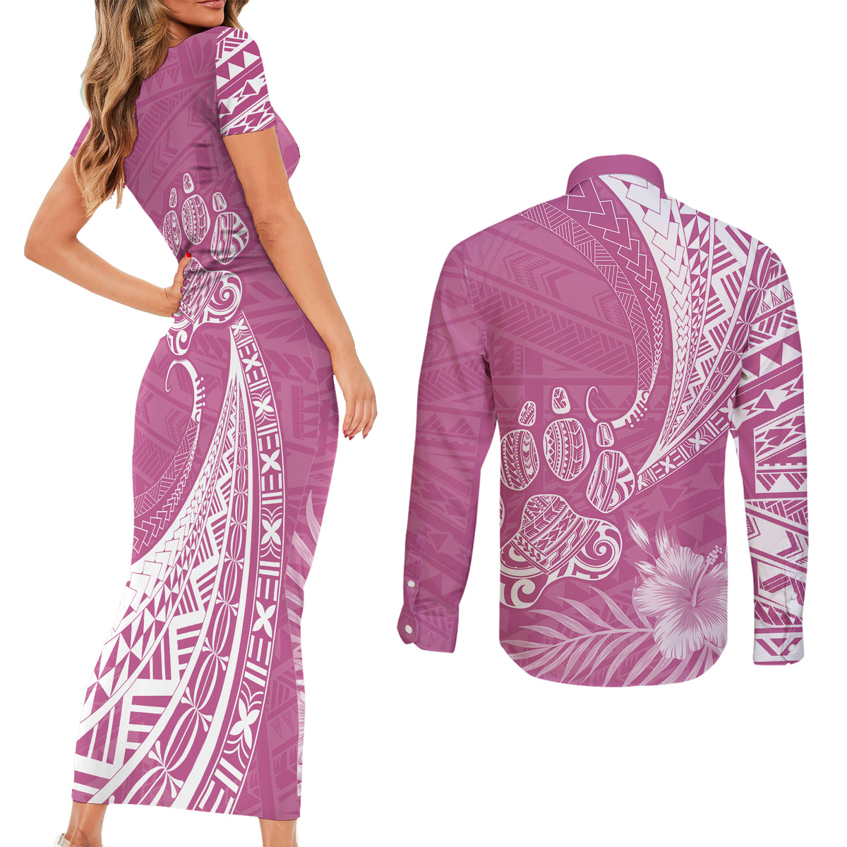 Personalised Polynesian Pacific Bulldog Couples Matching Short Sleeve Bodycon Dress and Long Sleeve Button Shirts With Pink Hawaii Tribal Tattoo Patterns LT7 - Wonder Print Shop