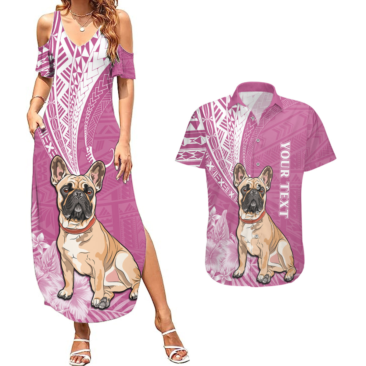Personalised Polynesian Pacific Bulldog Couples Matching Summer Maxi Dress and Hawaiian Shirt With Pink Hawaii Tribal Tattoo Patterns LT7 - Wonder Print Shop