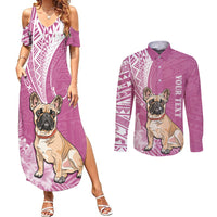 Personalised Polynesian Pacific Bulldog Couples Matching Summer Maxi Dress and Long Sleeve Button Shirts With Pink Hawaii Tribal Tattoo Patterns LT7 - Wonder Print Shop
