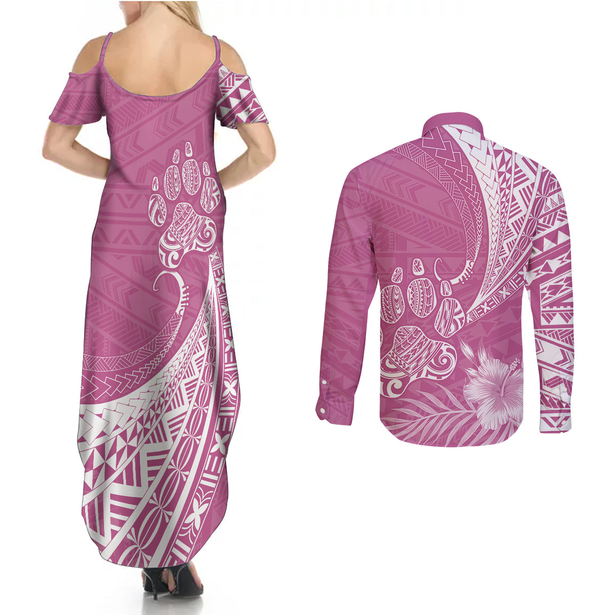 Personalised Polynesian Pacific Bulldog Couples Matching Summer Maxi Dress and Long Sleeve Button Shirts With Pink Hawaii Tribal Tattoo Patterns LT7 - Wonder Print Shop