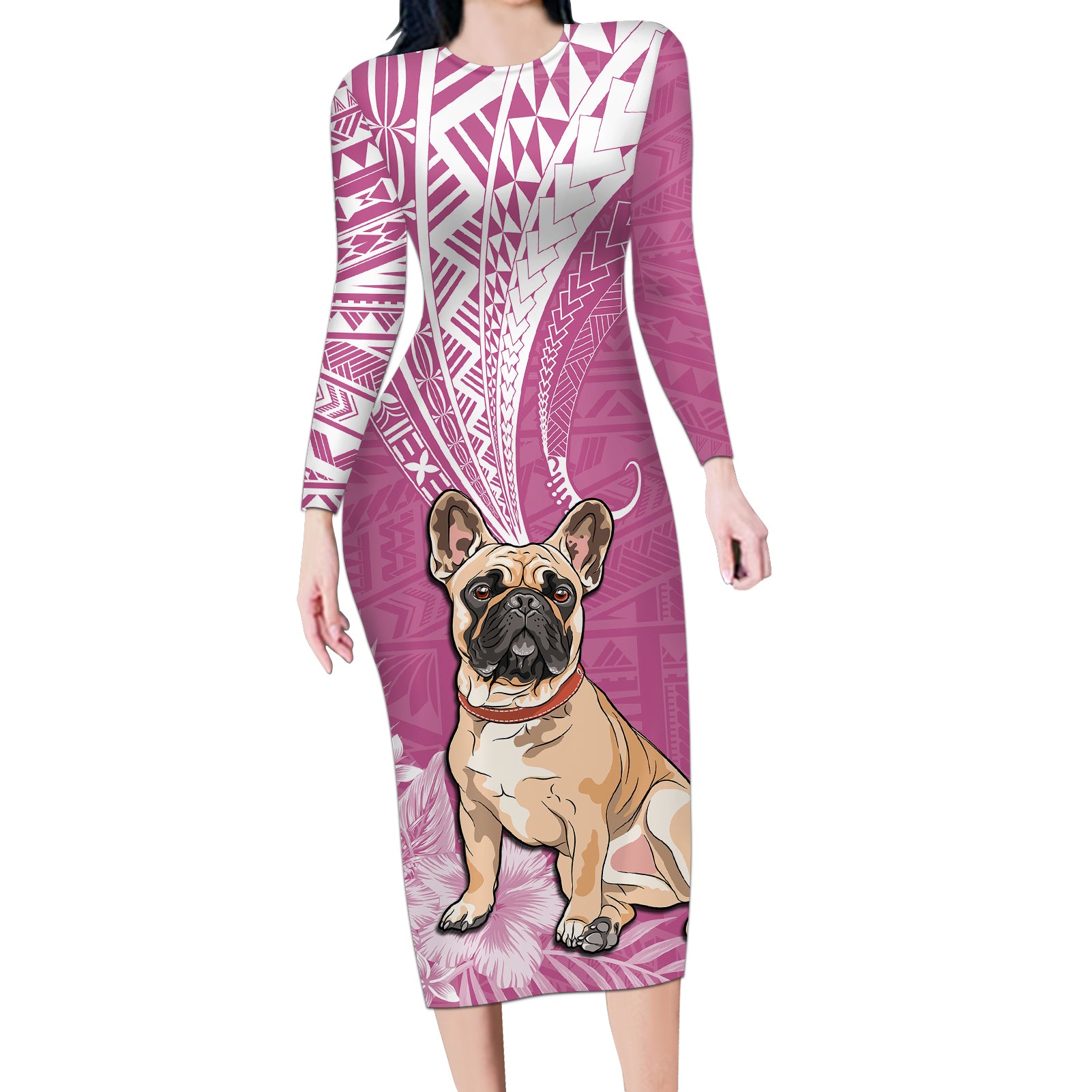 Personalised Polynesian Pacific Bulldog Long Sleeve Bodycon Dress With Pink Hawaii Tribal Tattoo Patterns - Wonder Print Shop