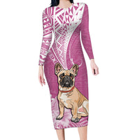 Personalised Polynesian Pacific Bulldog Long Sleeve Bodycon Dress With Pink Hawaii Tribal Tattoo Patterns - Wonder Print Shop