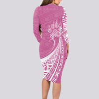 Personalised Polynesian Pacific Bulldog Long Sleeve Bodycon Dress With Pink Hawaii Tribal Tattoo Patterns - Wonder Print Shop