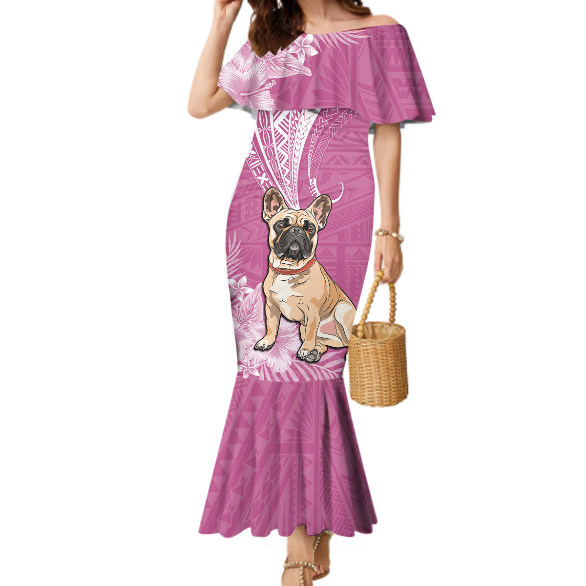 Personalised Polynesian Pacific Bulldog Mermaid Dress With Pink Hawaii Tribal Tattoo Patterns - Wonder Print Shop